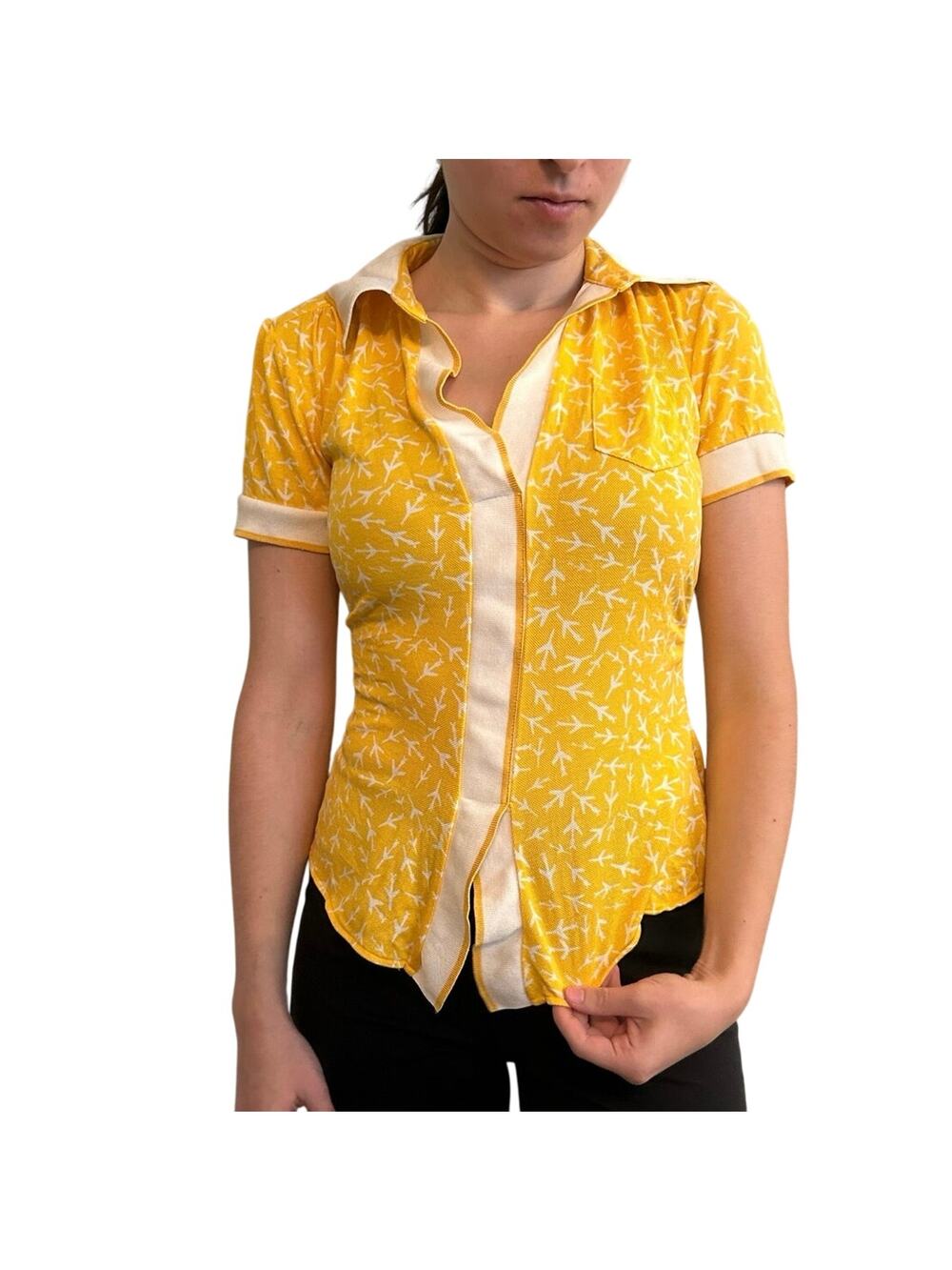 Diane von Furstenberg Silk/Cotton Blend Polo collar yellow blouse sz 2 - Vintage